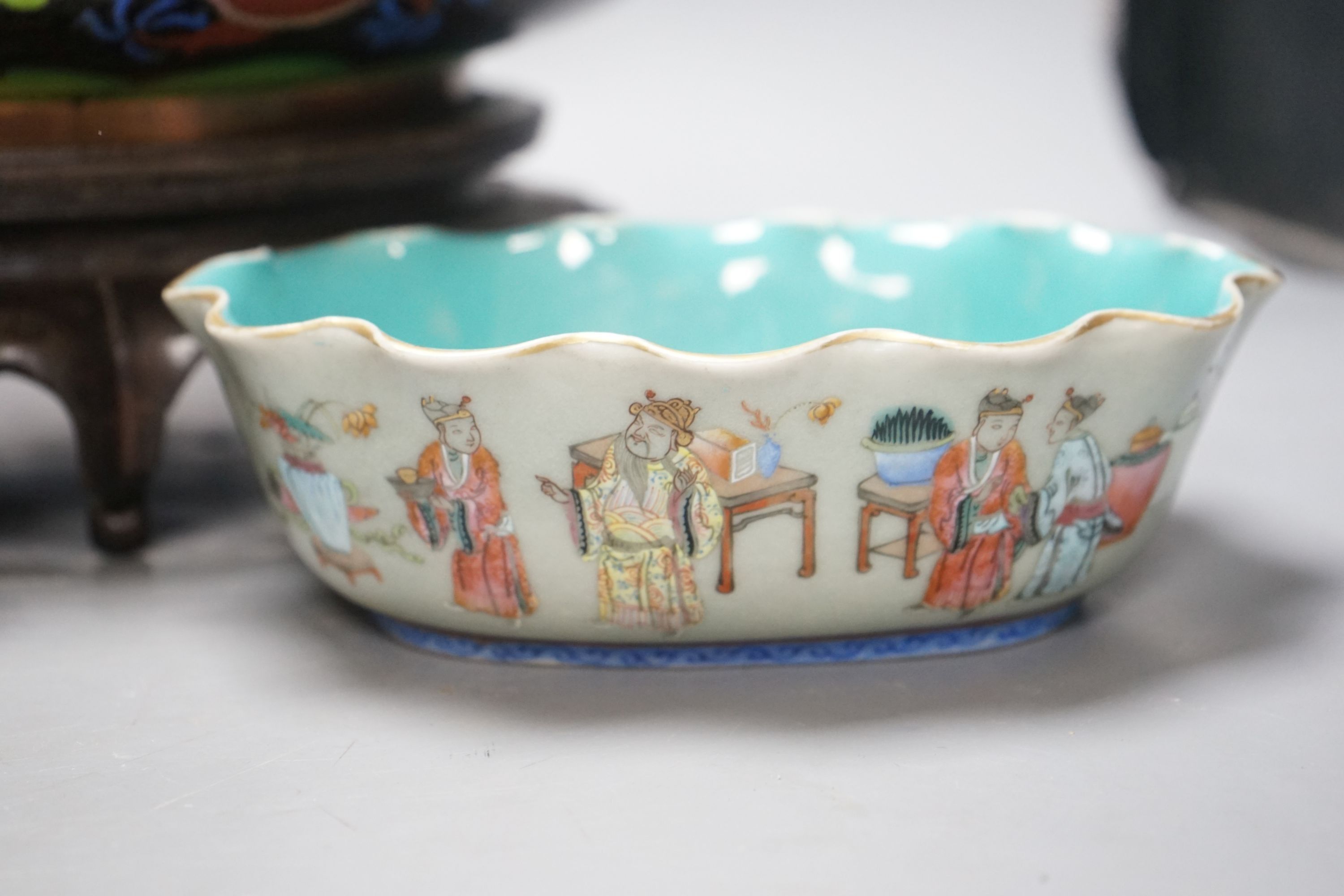 A large early 20th century Chinese cloisonné enamel ‘dragon’ bowl and two Chinese Tongzhi celadon ground famille rose bowls 31cm